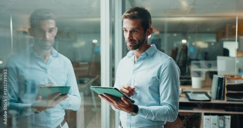 Fototapete Thinking, tablet and smile with business man in office for project manager, deadline schedule and reflection. Creative consultant, client solution and progress report with person for budget idea