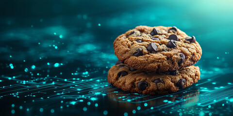 A stack of chocolate chip cookies is surrounded by glowing digital circuit lines, symbolizing the fusion of technology and everyday life in a futuristic, conceptual illustration.