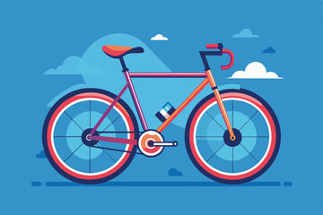 Fototapeta premium A colorful bicycle stands against a vibrant blue background filled with clouds, ready for a ride, Ride a bicycle Customizable Semi Flat Illustration