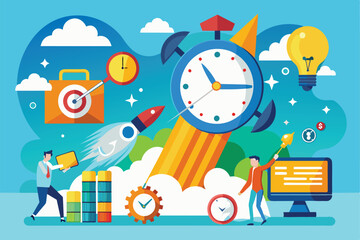 A vibrant illustration showcasing the perfect timing for starting a business with clocks and rockets, Right time to launch a business concept