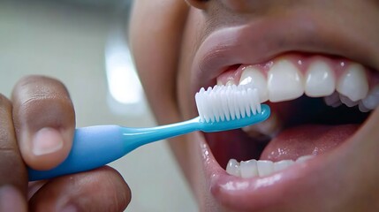 Dental Mouth Care Close up of person brushing their teeth soft bristled toothbrush Explore variation Person flossing their teeth Dentist examining patient's mouth dental mirror Person using mouthwash