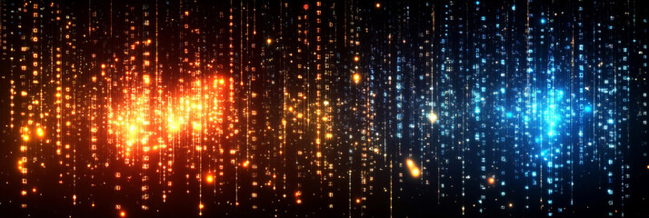 Naklejka premium A futuristic digital landscape features glowing blue and orange binary code streaming across a cyber grid, representing data technology, artificial intelligence, and virtual information networks.