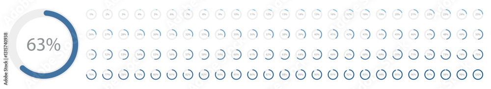 Wall mural set of blue gradient infographic pie charts, segment of circle icons 0% - 100%, simple flat design l