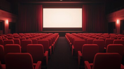 Fototapeta premium Empty movie theater with red seats and a blank screen. Concept of entertainment, cinema, and film.