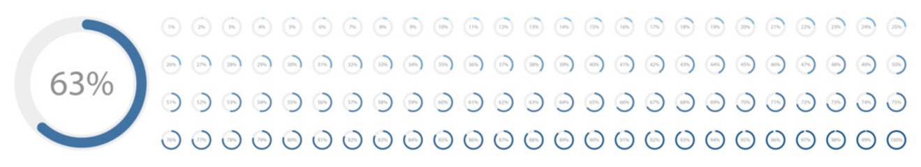Set of blue gradient infographic pie charts, segment of circle icons 0% - 100%, simple flat design loading data interface elements app button ui ux web, vector isolated on white background