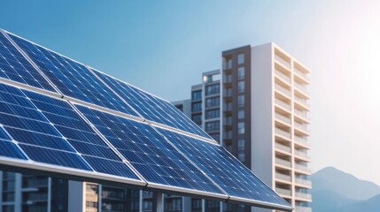 Obraz premium Solar panels on a building rooftop with a city skyline in the background. Concept of green energy, sustainability, and renewable resources.