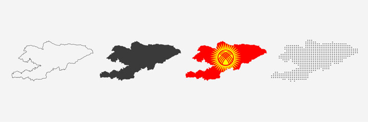 Kyrgyzstan map in various style outline, grey, flag color, and dotted