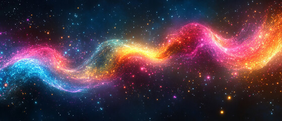 Obraz premium Vibrant waves of glowing particles in shades of blue, pink, and orange flow across a dark cosmic background, resembling abstract data streams and the visualization of artificial intelligence concepts.