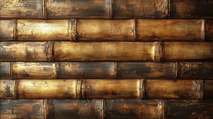 Wall of gold bricks with bamboo texture in natural tones creating an elegant and warm atmosphere