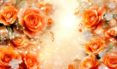 A vibrant image featuring a stunning arrangement of orange roses and delicate white flowers, adorned with sparkling lights, creating a luxurious and romantic ambiance.