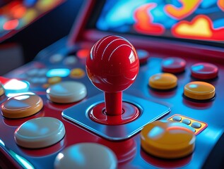Colorful retro arcade machine with joystick and control buttons, illuminated in neon lights, capturing classic gaming nostalgia in a vibrant and playful atmosphere

