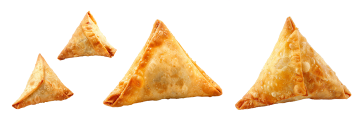 Set of A Delicious closeup fried Indian samosas isolated on white or transparent background