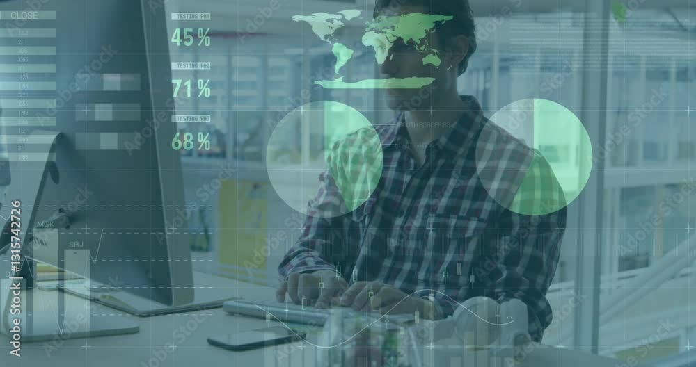 Poster at desk, man working with data visualization and world map animation overlay