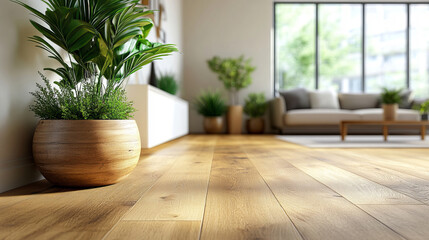A modern living room features white walls, light wood flooring, and a large window allowing soft natural light to highlight a sleek sofa, potted greenery, and contemporary interior design.