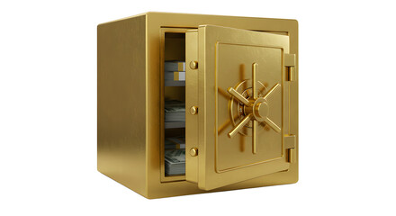 Open golden bank vault with stacks of cash inside on white background