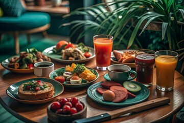 Fototapeta premium Idyllic Breakfast Table with Ocean View at Sunrise on a Tropical Balcony