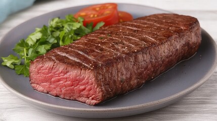 Delicious grilled steak with tomato and parsley on a plate. Concept of food, meat, and cooking.