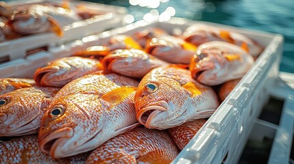 Freshly Caught Orange Roughy Fish in White Plastic Crate on Boat Deck, Abundant Seafood Harvest at Sea, Close-up View of Shiny Scales and Vibrant Colors
