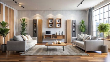 Modern Living Room with Stereo Speakers, cozy atmosphere
