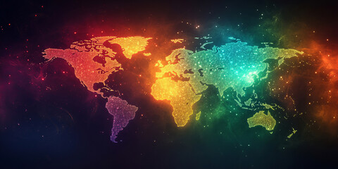 Fototapeta premium A world map made of colorful lights glows against a dark green-to-red gradient, with neon beams shining from above, symbolizing the energy and power of a global technology network.