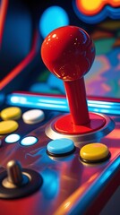 Colorful retro arcade machine with joystick and control buttons, illuminated in neon lights, capturing classic gaming nostalgia in a vibrant and playful atmosphere

