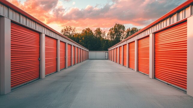 Rows of red storage units at sunset. Concept of self storage, moving, and organization.
