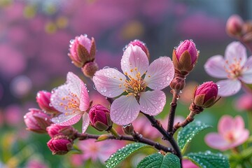 Fototapeta premium Blooming Spring Blossoms with Dewy Petals and Buds in a Vibrant Garden