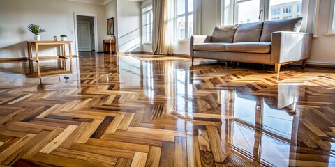 Water-damaged parquet floor with visible signs of flooding in living room
