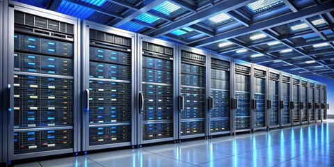 A server rack filled with cloud computing servers and networking equipment, data center, technology,  data center
