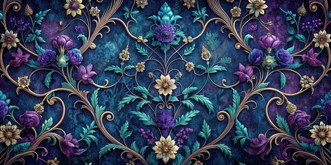Intricate baroque design with intertwining vines and flowers in shades of dark blue and purple, velvet textures, ornate details