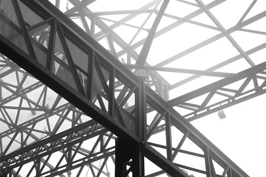 Complex Network Of Steel Beams Intertwines, Creating A Dense Structure Dissolving Into A Foggy, Monochrome Sky Above