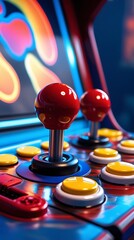 Colorful retro arcade machine with joystick and control buttons, illuminated in neon lights, capturing classic gaming nostalgia in a vibrant and playful atmosphere

