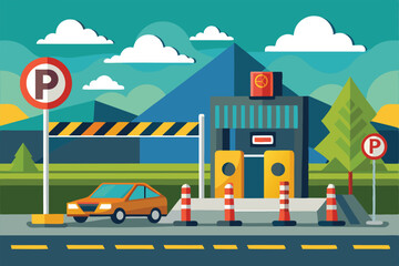 A parking lot checkpoint sign stands beside a car near a vibrant mountain backdrop under a clear sky, Road sign of parking lot with checkpoint,