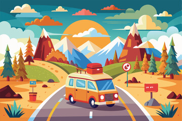 Naklejka premium A customizable cartoon depicts a road trip vehicle traveling on a winding road surrounded by stunning autumn landscapes, Road trip Customizable Cartoon Illustration