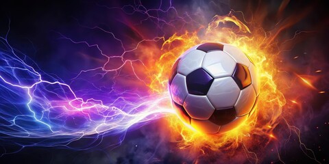 Fototapeta premium Soccer ball surrounded by intense flames and lightning illuminating the dark night sky with vibrant oranges and purples