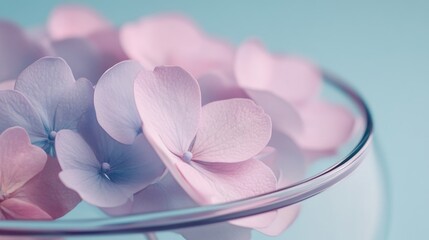 Delicate pastel-colored flower petals are arranged in a transparent bowl, creating a serene and aesthetically pleasing visual effect.