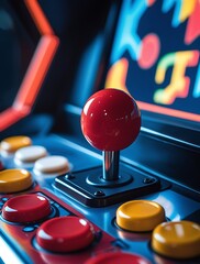 Colorful retro arcade machine with joystick and control buttons, illuminated in neon lights, capturing classic gaming nostalgia in a vibrant and playful atmosphere

