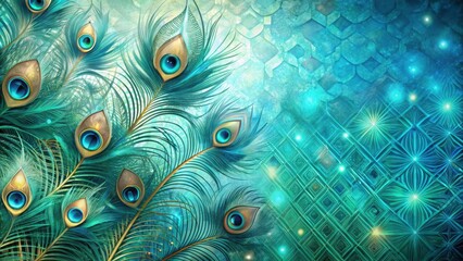 Obraz premium Elegant peacock feathers against a modern abstract turquoise background with geometric patterns and subtle shimmer effects, luxurious, peacock