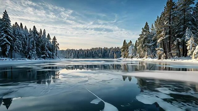 A serene frozen lake under a pale winter sky, its surface etched with intricate ice cracks resembling delicate lace, framed by snow-laden pine trees casting soft blue shadows on the glittering expanse