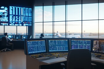 Modern Airport Control Tower with Advanced Technology Monitors