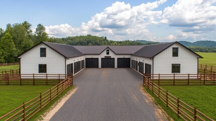 Fototapeta premium Aerial view of a modern white barn with black trim and a metal roof, surrounded by green fields and a wooden fence.