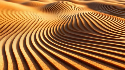 Abstract desert dune landscape, golden sand ripples, textured background, nature pattern, wavy lines, sunlit surface.