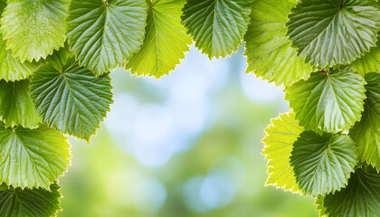 Fototapeta na wymiar Vibrant green leaves frame a soft, sunlit background, creating a natural, refreshing border. Perfect for spring, summer, or nature-themed designs.