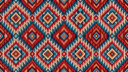 Vibrant Bold Red and Blue Geometric Ikat Pattern with intricate woven design , textile design, ikat,  textile design, ikat