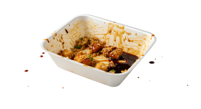 Leftover takeout food container with rice, chicken and dark sauce isolated