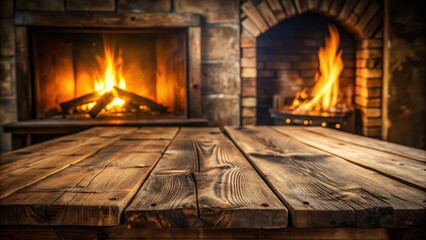 Fototapeta premium Abandoned wooden table in a dimly lit room with a blurred fireplace background for a cozy atmosphere and rustic feel, blurred fire, cozy setting