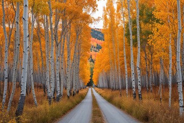 Fototapeta premium Serene Pathway Enveloped by Aspen and Birch Trees in Stunning Autumn Hues