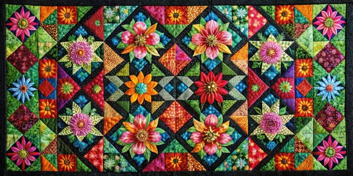 Geometric patchwork quilt on black background with vibrant floral and abstract patterns , abstract patterns, modern quilt