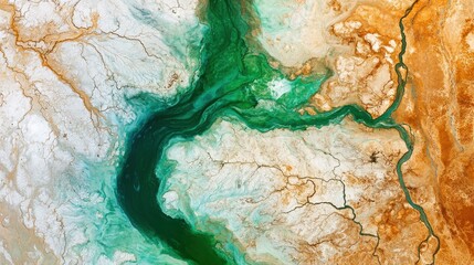 Naklejka premium Aerial view of a river delta with green and brown water flowing through a dry landscape. Abstract nature background.