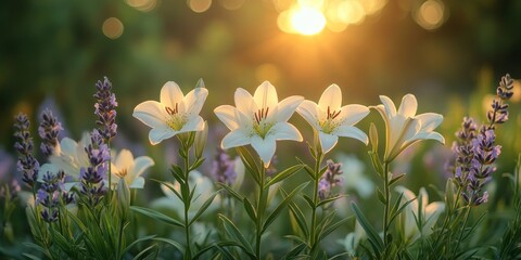 Obraz premium White lilies and lavender flowers growing in a garden at sunset during spring